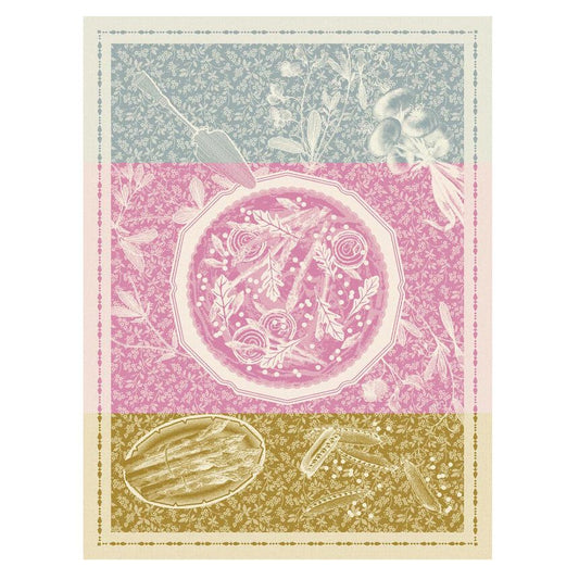 Le Jacquard Francais made in France jacquard weave pure cotton tea towel Tarte Printaniere tablescape in pink, blue and mustard.