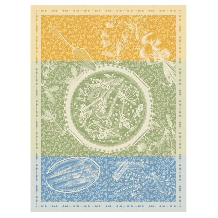 Le Jacquard Francais made in France jacquard weave pure cotton tea towel Tarte Printaniere tablescape in yellow, green and blue.