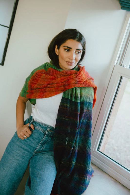 Eribe merino and mohair treeline wrap in Bellarose red blue and green.