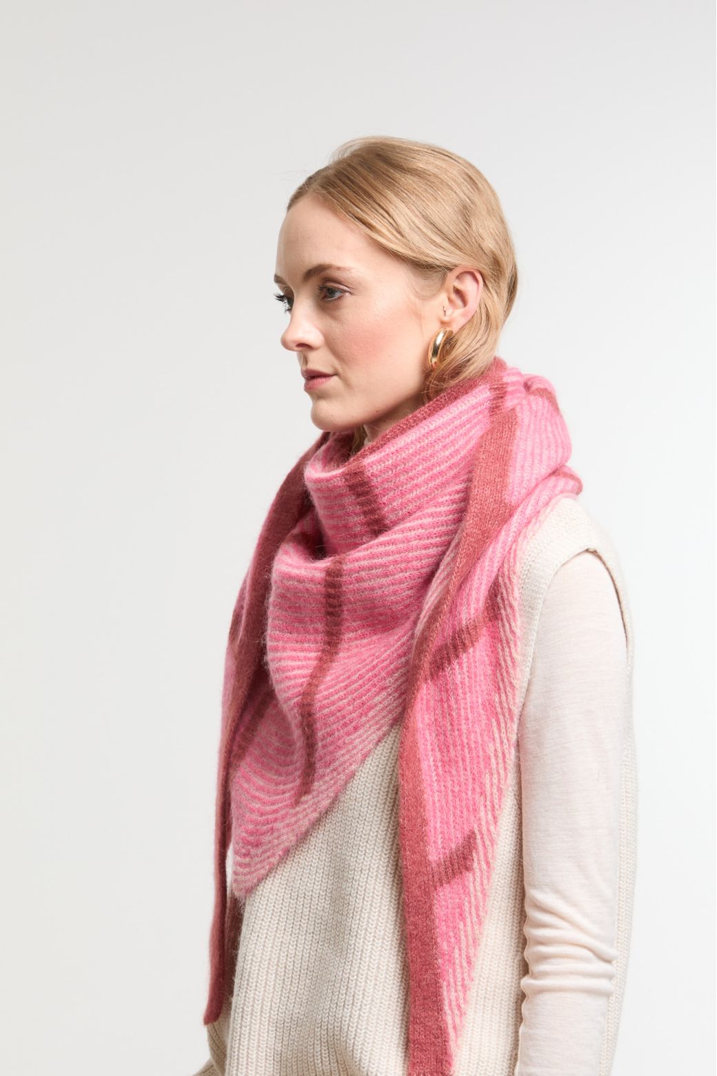 Ma Poesie Hind triangle scarf in pink baby alpaca blend.
