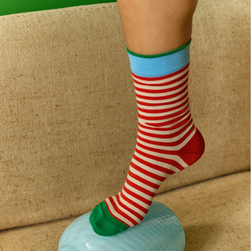 Bonne Maison made in France striped socks in vermilion red and white.