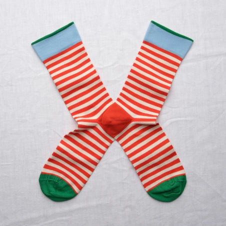Bonne Maison made in France striped socks in vermilion red and white.