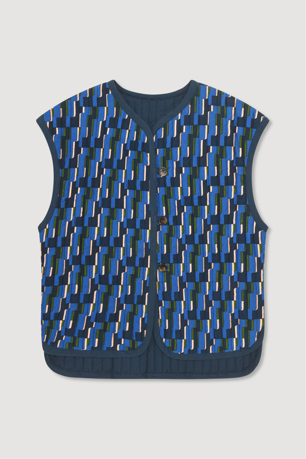 Ma Poesie blue Mystere patterned quilted cotton velvet vest reversible to plain back.