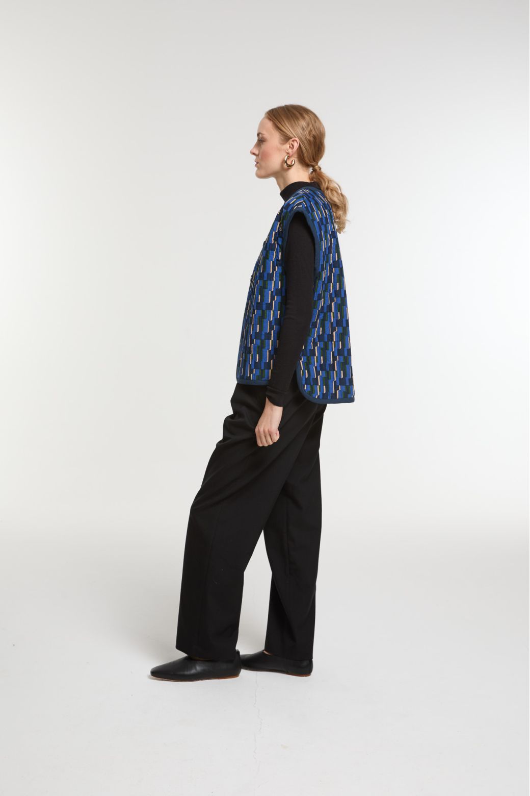 Ma Poesie blue Mystere patterned quilted cotton velvet vest reversible to plain back.