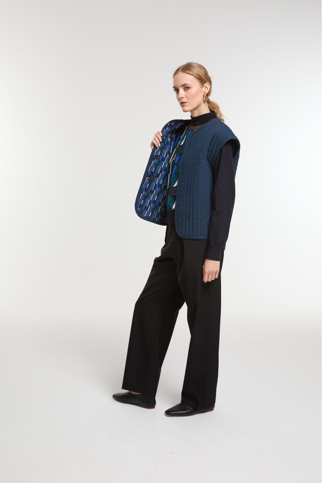 Ma Poesie blue Mystere patterned quilted cotton velvet vest reversible to plain back.