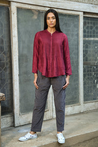 DVE Collection pintucked Niva shirt in handloom ruby red silk.