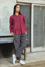 Load image into Gallery viewer, DVE Collection pintucked Niva shirt in handloom ruby red silk.
