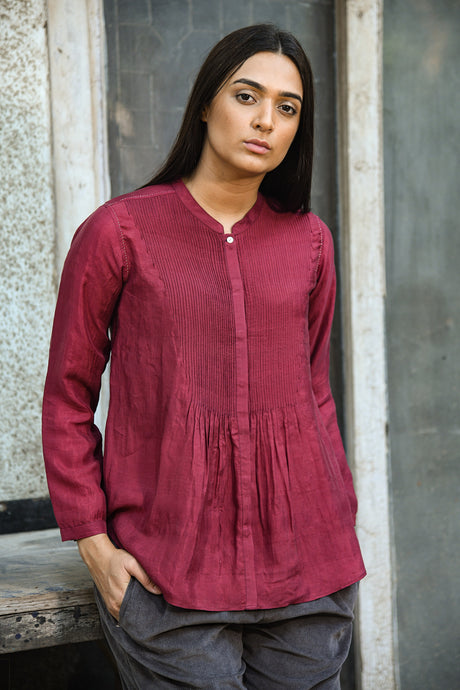 DVE Collection pintucked Niva shirt in handloom ruby red silk. 