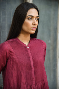 DVE Collection pintucked Niva shirt in handloom ruby red silk.