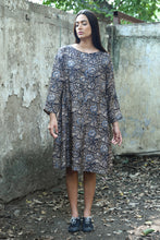 Load image into Gallery viewer, DVE Collection Hema A-line tunic dress in grey brown blue silk kalimkari blockprint.