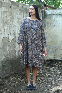 DVE Collection Hema A-line tunic dress in grey brown blue silk kalimkari blockprint.