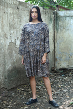 Load image into Gallery viewer, DVE Collection Hema A-line tunic dress in grey brown blue silk kalimkari blockprint.