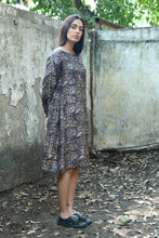 Load image into Gallery viewer, DVE Collection Hema A-line tunic dress in grey brown blue silk kalimkari blockprint.