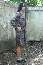 Load image into Gallery viewer, DVE Collection Hema A-line tunic dress in grey brown blue silk kalimkari blockprint.