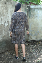 Load image into Gallery viewer, DVE Collection Hema A-line tunic dress in grey brown blue silk kalimkari blockprint.