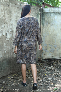 DVE Collection Hema A-line tunic dress in grey brown blue silk kalimkari blockprint.