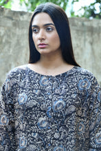 Load image into Gallery viewer, DVE Collection Hema A-line tunic dress in grey brown blue silk kalimkari blockprint.