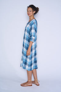 Kimberley Tonkin the Label made in Australia Luka dress in high twist crinkle linen blue and white check, tunic style with pintuck pleat detailing.