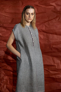 Dve Collection shift dress with button up at front in black and white gingham linen.