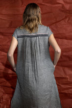 Load image into Gallery viewer, Dve Collection shift dress with button up at front in black and white gingham linen.