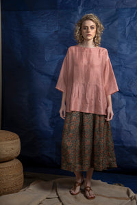 DVE Collection Padma top in handloom silk, one size with three quarter sleeves and peplum in rose pink.