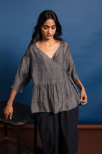 Load image into Gallery viewer, Dve Collection Miraya handloom wrap top in charcoal silk.