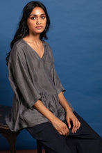 Load image into Gallery viewer, Dve Collection Miraya handloom wrap top in charcoal silk.