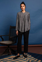 Load image into Gallery viewer, Dve Collection Niva pintuck button up long sleeve shirt in handloom charcoal grey silk.