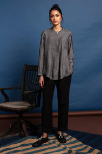 Dve Collection Niva pintuck button up long sleeve shirt in handloom charcoal grey silk.