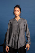 Load image into Gallery viewer, Dve Collection Miraya handloom wrap top in charcoal silk.