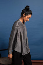 Load image into Gallery viewer, Dve Collection Miraya handloom wrap top in charcoal silk.