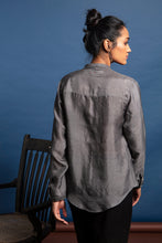 Load image into Gallery viewer, Dve Collection Miraya handloom wrap top in charcoal silk.