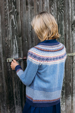 Load image into Gallery viewer, Eribé Alpine cardigan in Iris, soft blue and navy with highlights in orange and lavender lilac.