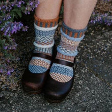 Load image into Gallery viewer, Foxtail Crew Socks are the perfect combination of warm-feeling on the inside and cool-toned on the outside. Colors in this sock: Sky Blue, Light Gray, Dark Gray, Light Brown.