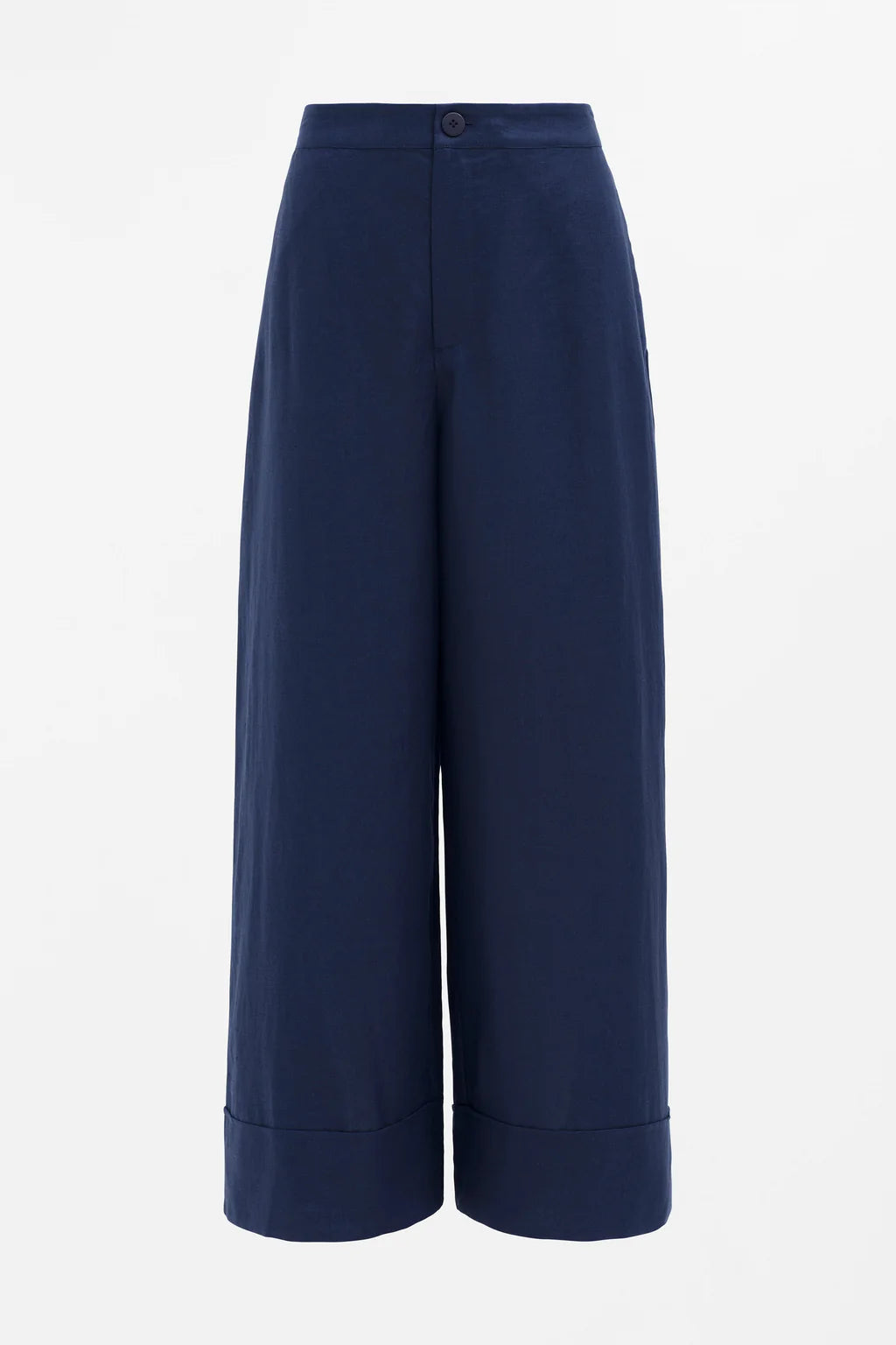 Anneli light linen pant, French linen wide leg with flat front and cuff in twilight navy blue.