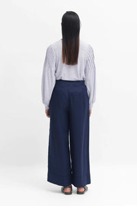 Anneli light linen pant, French linen wide leg with flat front and cuff in twilight navy blue.