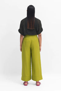 Anneli light linen pant, French linen wide leg with flat front and cuff in lime green..