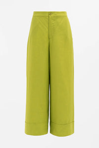 Anneli light linen pant, French linen wide leg with flat front and cuff in lime green..