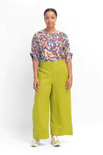 Load image into Gallery viewer, Anneli light linen pant, French linen wide leg with flat front and cuff in lime green..