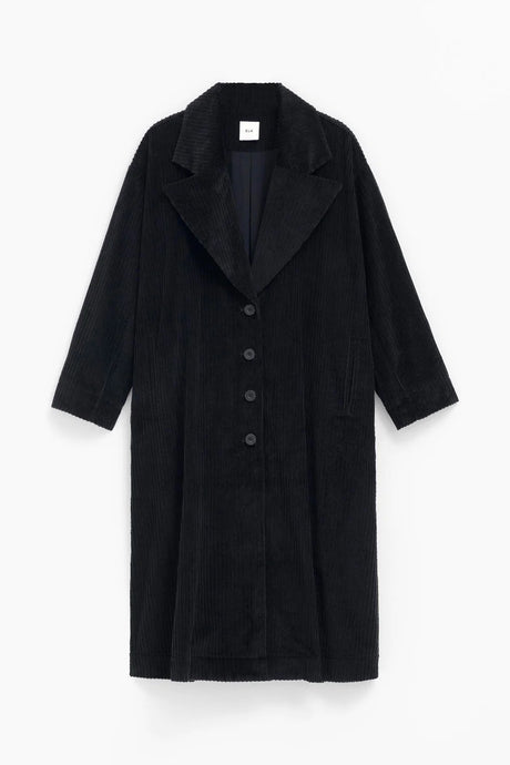 Elk the Label organic cotton corduroy long line jacket trench coat, Koord. In black.