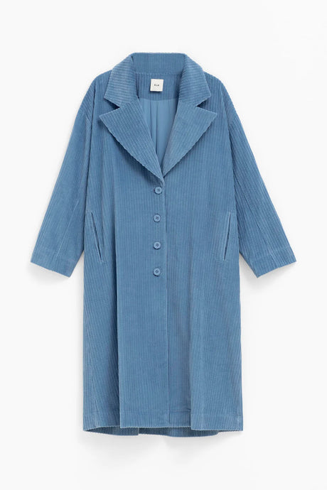 Elk the Label organic cotton corduroy long line jacket trench coat, Koord. In chambray light blue.