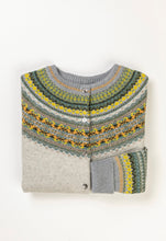 Load image into Gallery viewer, Eribe made in Scotland Alpine fairisle cardigan in Kelpie, ash grey with highlights in sage and olive green, yellow and orange.