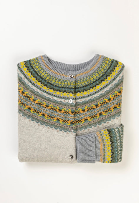 Eribe made in Scotland Alpine fairisle cardigan in Kelpie, ash grey with highlights in sage and olive green, yellow and orange.