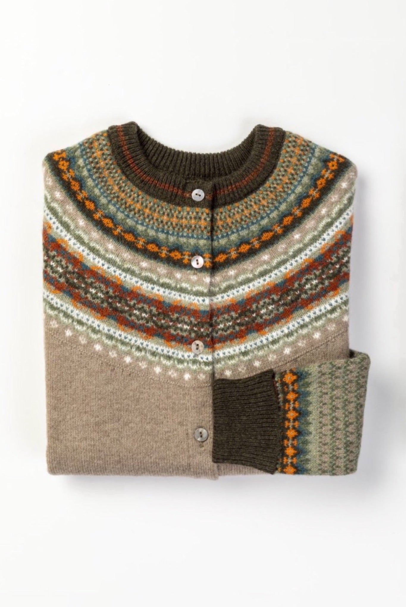 Eribé made in Scotland Alpine cardigan, fairisle knit in oatmeal, with chocolate, orange and aqua highlights.