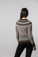 Load image into Gallery viewer, Eribé made in Scotland Alpine cardigan, fairisle knit in oatmeal, with chocolate, orange and aqua highlights.