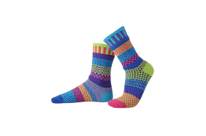 Solmate Bluebell socks :inspired by the colorful flowers that spring brings. Colors in this sock: lime green, turquoise, purple, royal blue, fuchsia.