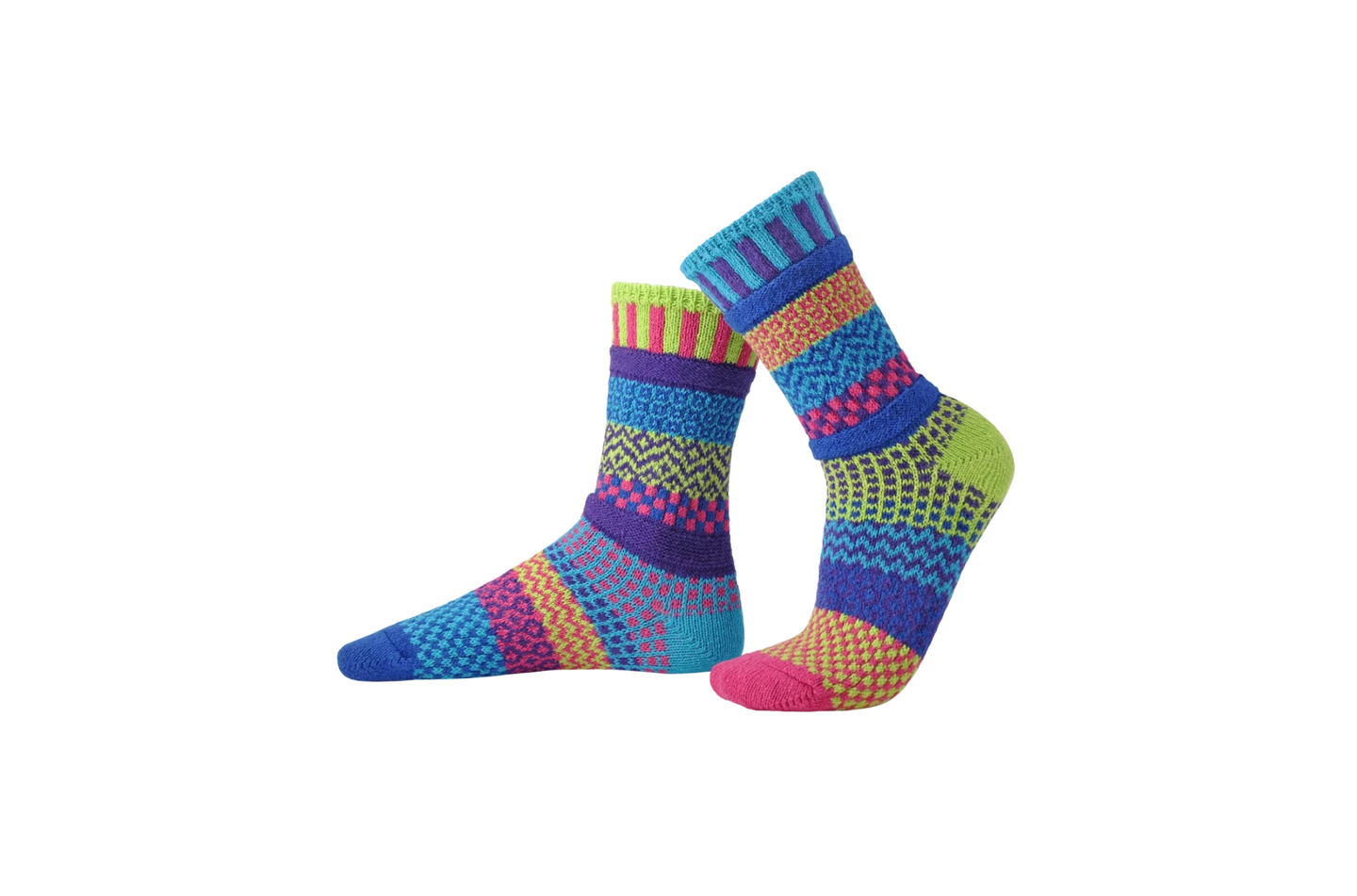 Solmate Bluebell socks :inspired by the colorful flowers that spring brings. Colors in this sock: lime green, turquoise, purple, royal blue, fuchsia.