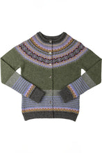 Load image into Gallery viewer, Eribé Scottish fairisle merino wool cardigan, Landscape, sage green with highlights in lavender, pink, gold and grey.