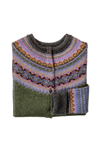 Eribé Scottish fairisle merino wool cardigan, Landscape, sage green with highlights in lavender, pink, gold and grey.