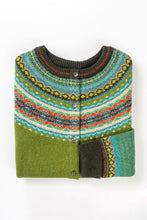 Load image into Gallery viewer, Eribe Alpine cardigan in Moss - fresh green, with borders in chocolate, and highlights in aqua, orange and yellow.